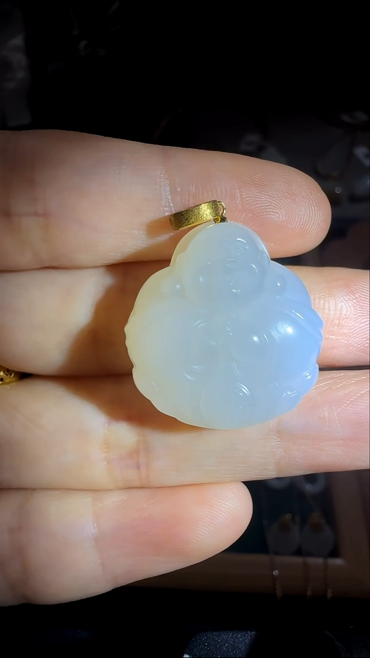 吊坠(不含链)18K金镶嵌和田玉和田玉白玉抱抱佛