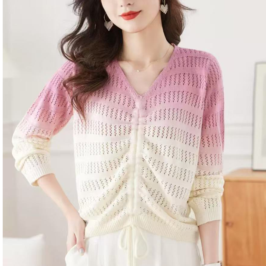 衣帆服饰抽绳针织镂空渐变色V领女装毛衣编号329