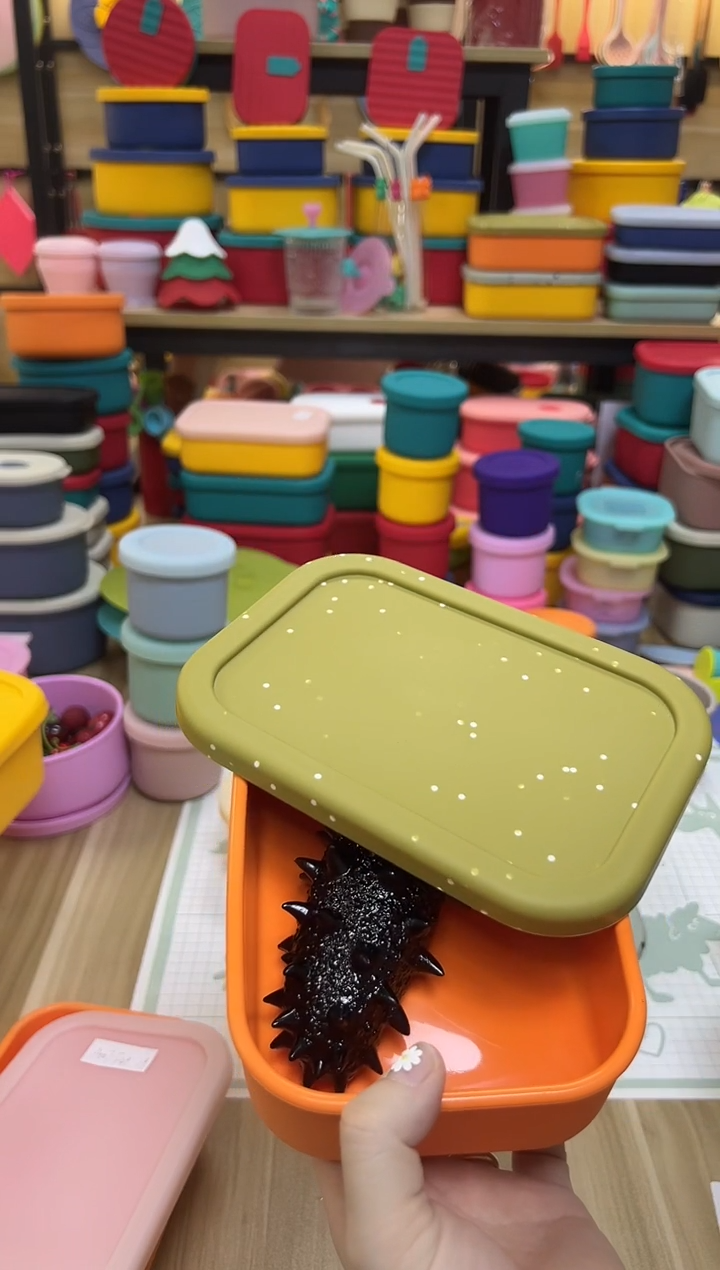 盖子款硅胶700ML 橙底豆黄盖 长方形 不带排气