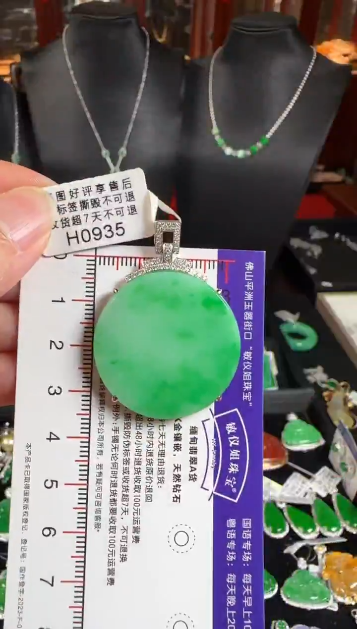 颈饰18K金镶嵌翡翠H0935阳绿平安无事牌