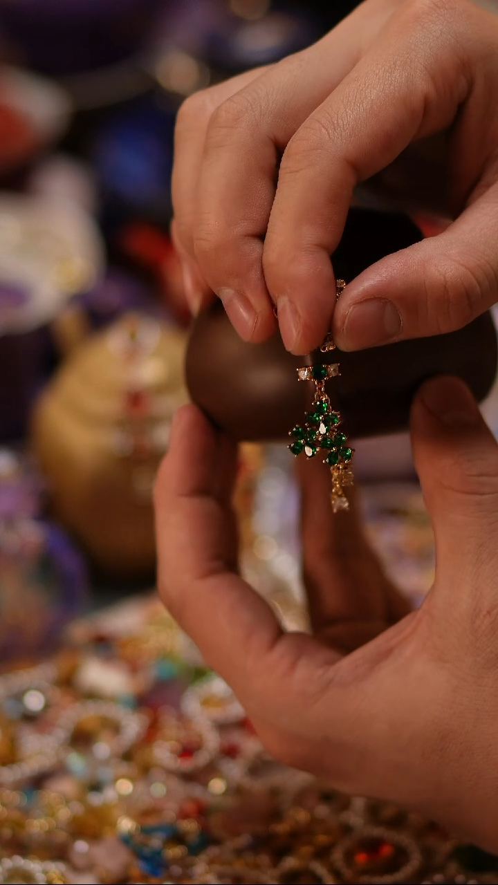 茶宠绿色水晶吊坠壶把手