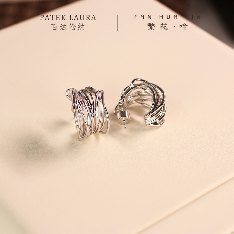 合金耳饰 Patek Laura银色复古镂空重工绕线C形圈圈耳环
