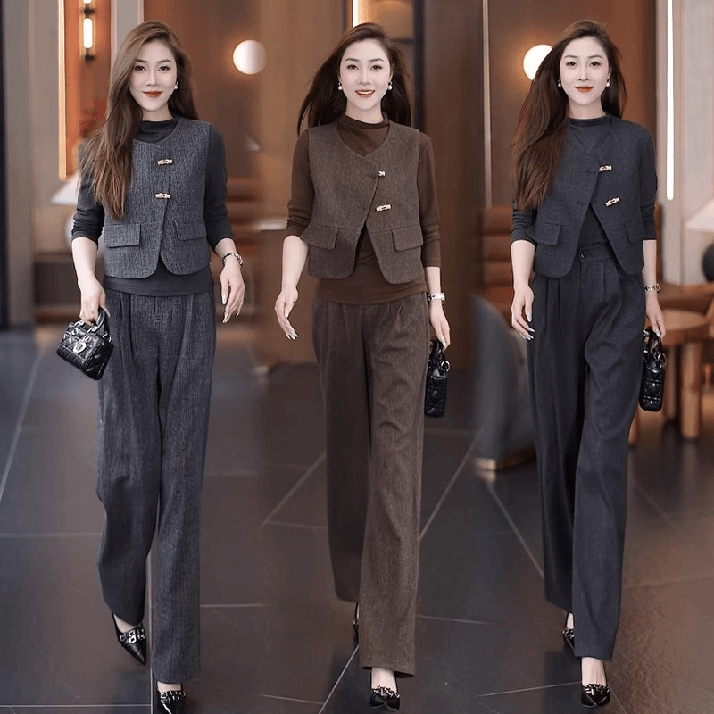 2025秋冬新款女气质显瘦复古时尚马甲+打底+窄版阔腿裤三件套套装