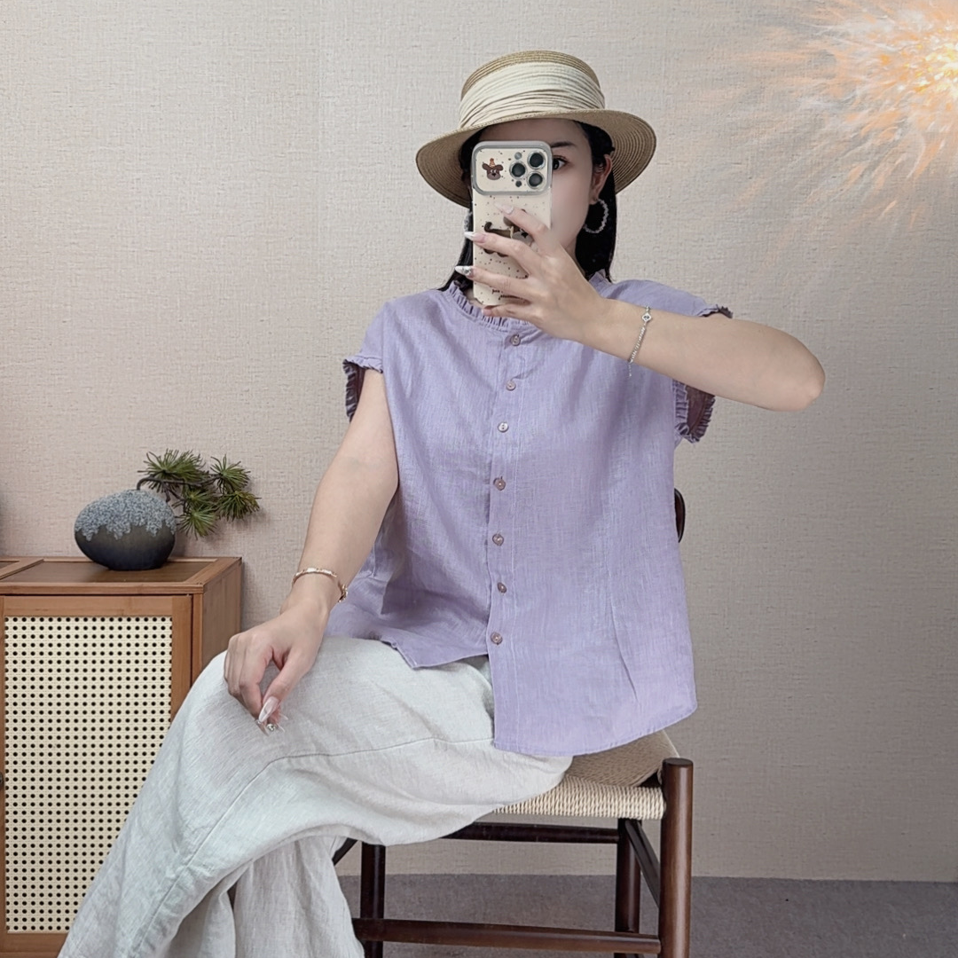 7113【100%亚麻】法式气质纯色木耳边拼接衬衫显瘦时尚百搭夏季