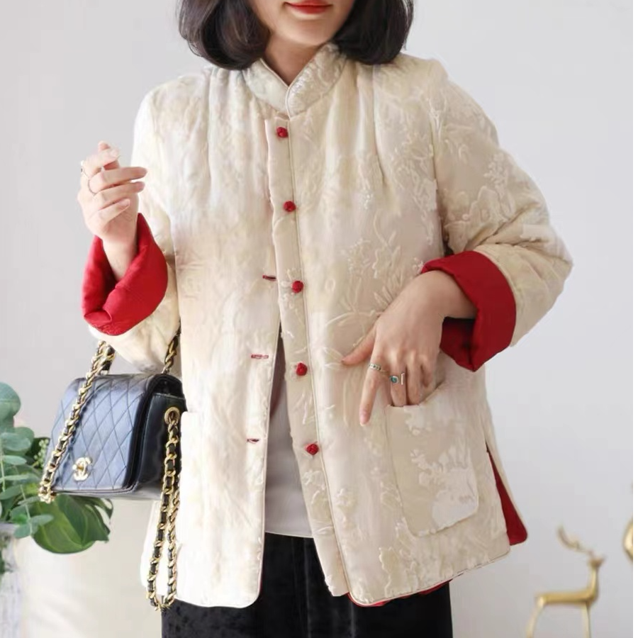 【烧花棉服】秋冬桑蚕丝丝绒织金烧花袖口撞色新中式棉袄双面穿外套
