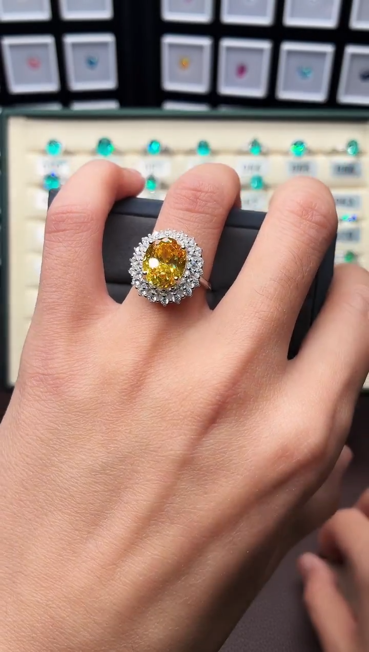 无925银重工豪镶金丝雀黄女神戒