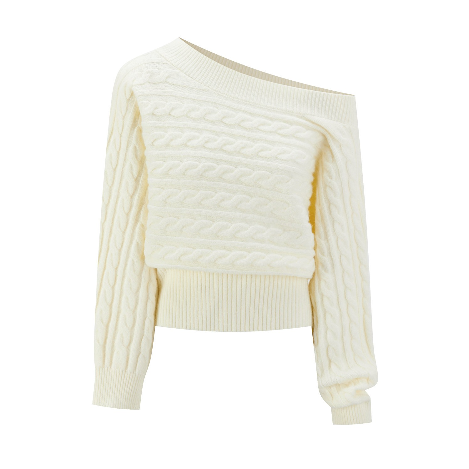 羊城故事-杏色斜肩修身收腰针织毛衣女冬季新款显瘦上衣Y51256558