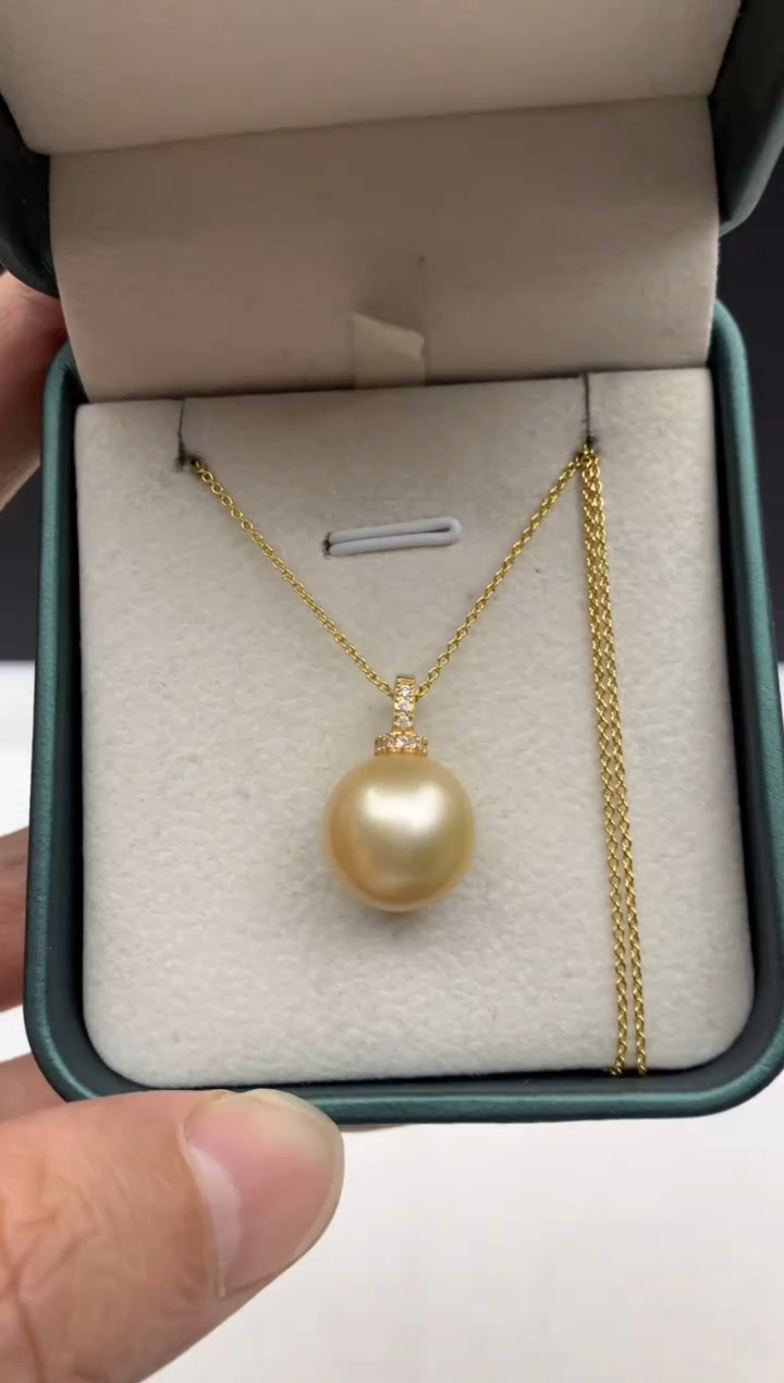 银S925镶嵌ff海水珍珠金珠吊坠(赠链）13~14mm