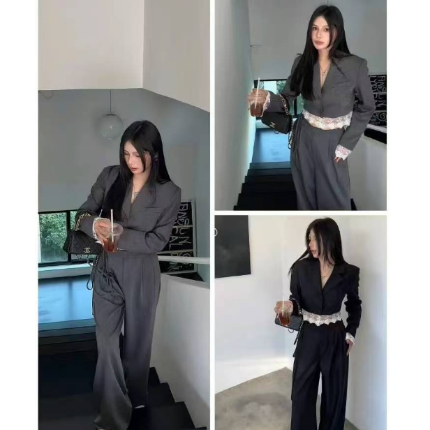 安淇儿●套装预C5TZ0267A气质时尚休闲百搭女士黑色设计师拼接