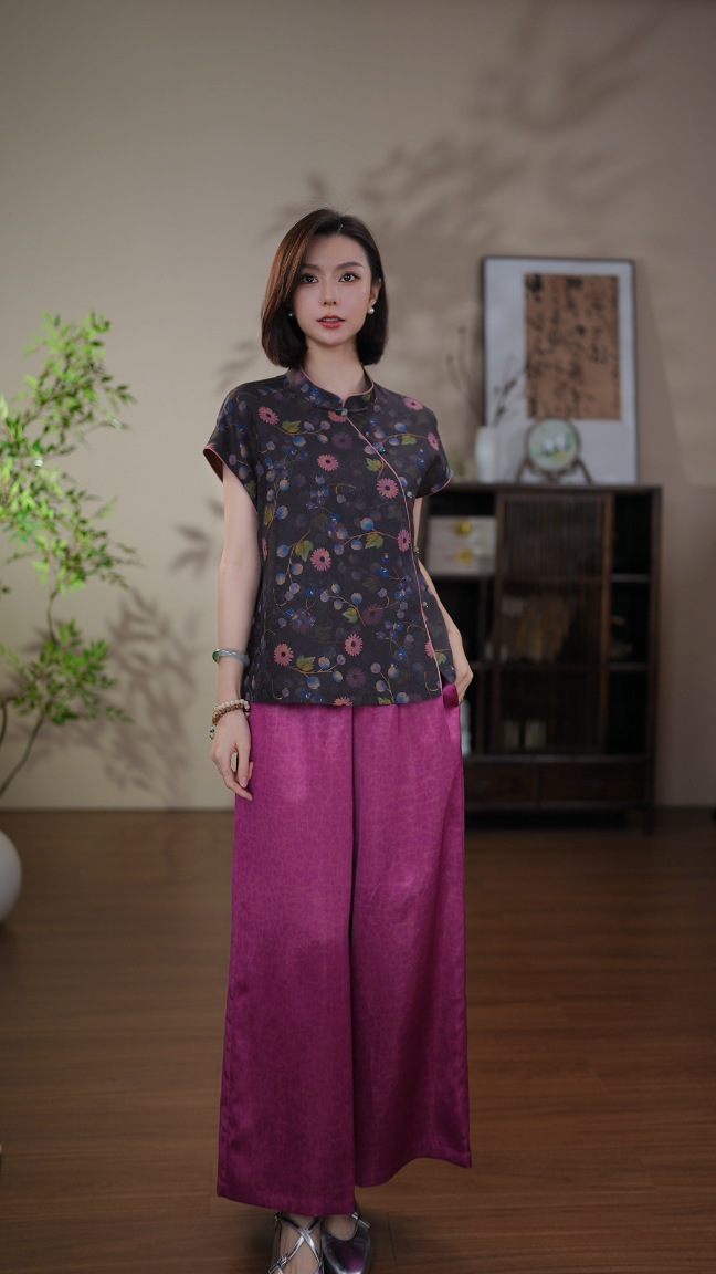 GONG QUE【蓝莓花藤】新中式桑蚕丝香云纱斜襟印花短袖上衣 3275