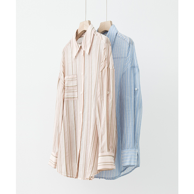 条纹翻领口袋轻薄休闲春衬衫NCY3L0775-2/1