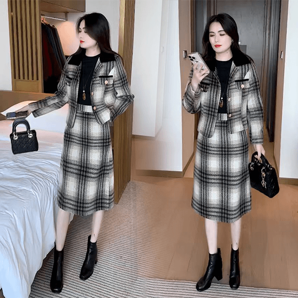 2025秋冬季新款休闲时尚穿搭洋气显瘦不挑人长袖格纹毛呢套裙通勤
