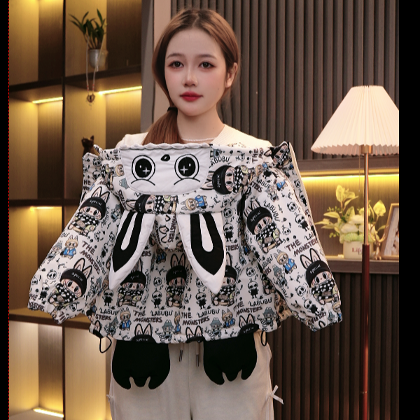 卡通兔耳朵加绒加厚男童女童新款棉服秋冬儿童洋气冬季保暖