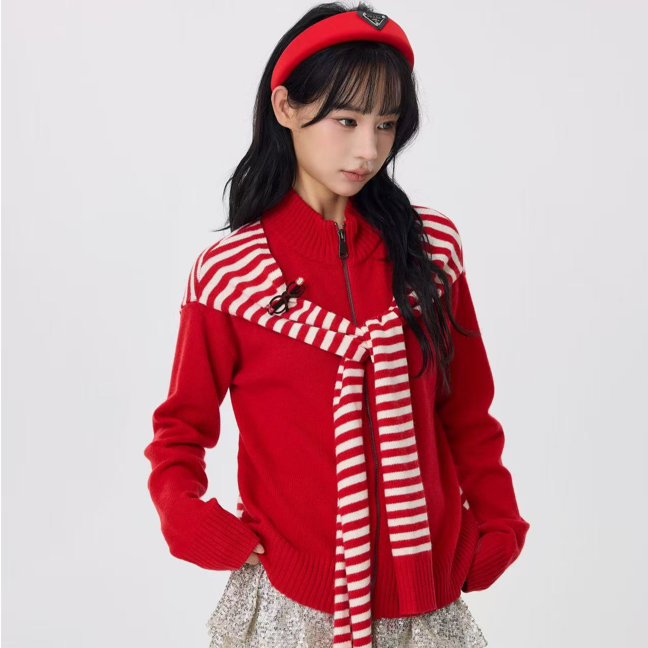 OooF！Yang红色假两件毛衣