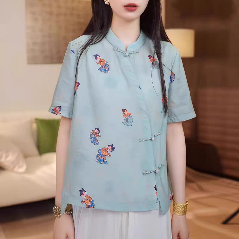 绵麻国风上衣天咝苎麻短袖盘扣衬衣女薄款新中式立领亚麻衬衫