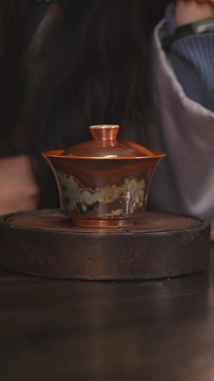 【闪购商品】杯42柴房陶瓷丨金红落灰马蹄盖碗