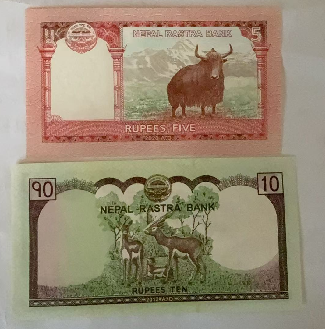 尼泊尔5卢比 10卢比一对 纸币 年份随机珠穆朗玛峰 全新外国钱币