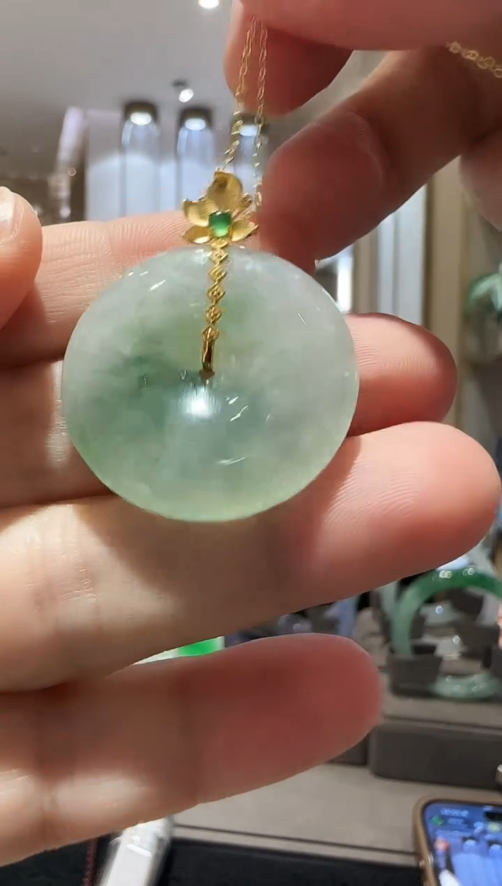 吊坠(不含链)18K金镶嵌翡翠加***子【71】翡翠平安扣