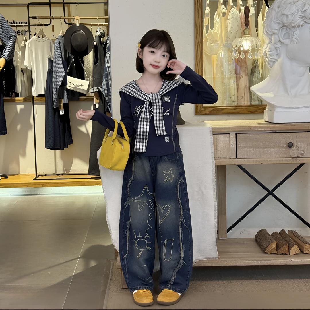 女童2025秋季新款宽松刺绣毛边牛仔裤甜酷时尚洋气女童秋款套装