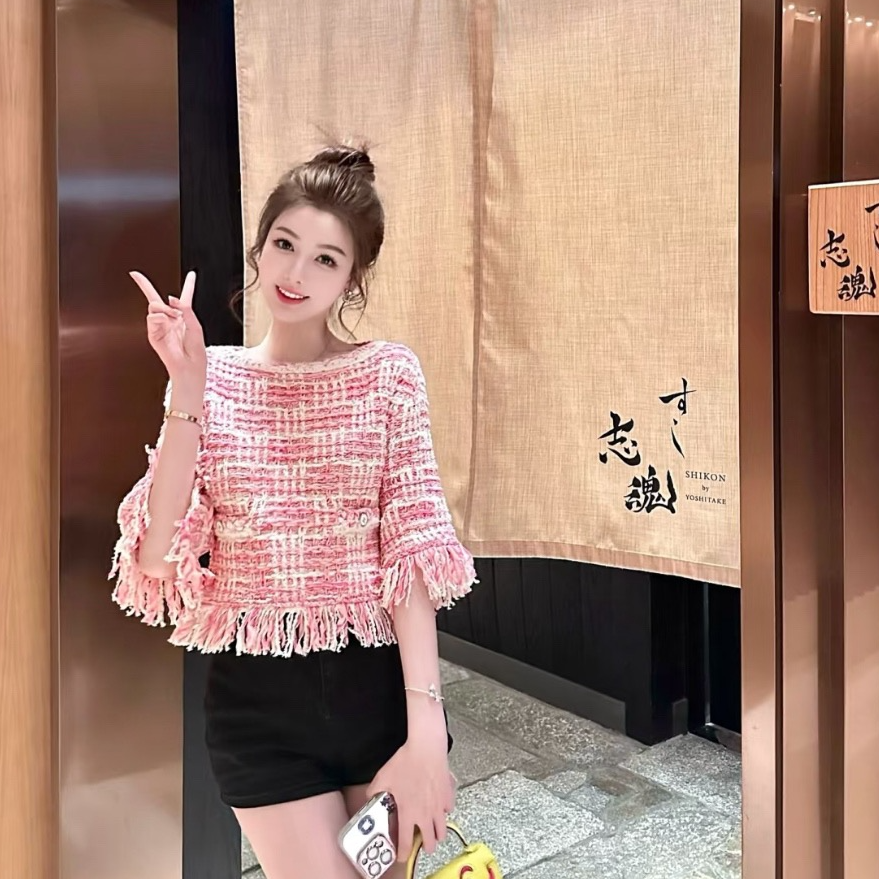 99新 Chanel/香奈儿  24p流苏粉色编织上衣/f38/编号0463