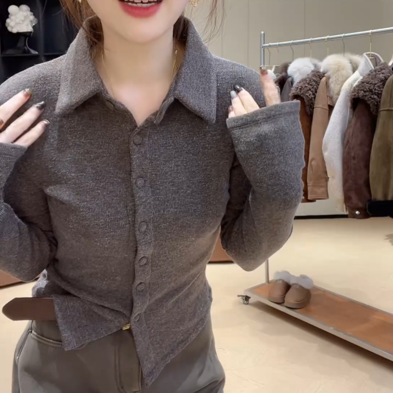 冬季加绒Polo领气质长袖时尚约百搭打底T恤上衣LK2508273