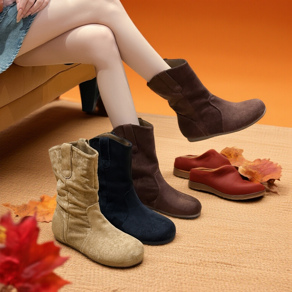 软底复古风勃肯短靴女2025秋冬新款马丁靴平底内增高褶皱堆堆靴女
