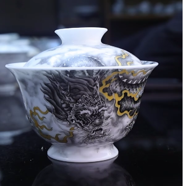景德镇全手绘墨彩满绘龙盖碗