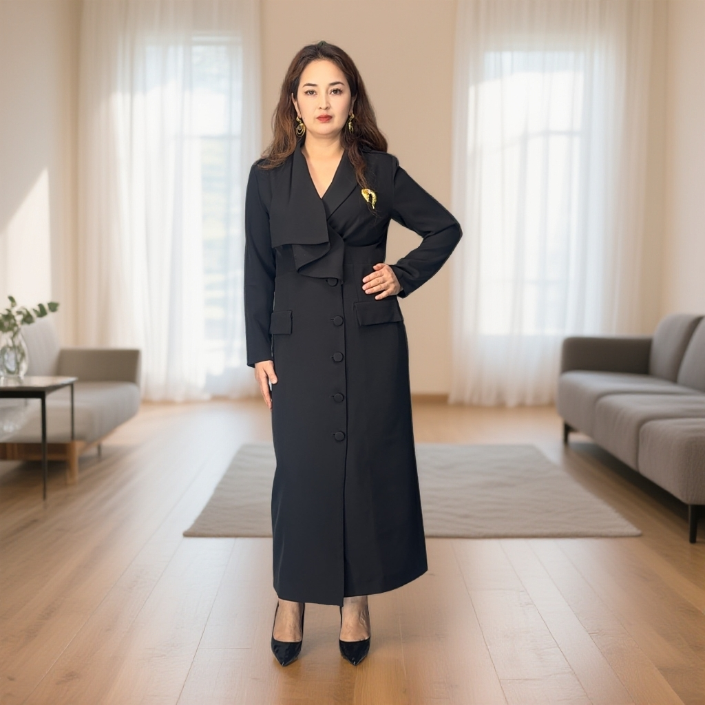 袖型长袖连衣裙黑色设计师中腰经典斜肩款中长款长裙显瘦气质时尚