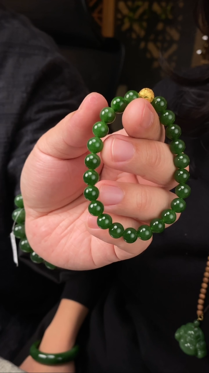 【闪购商品】和田玉碧玉手串18K金镶嵌【玉道侠侣】俄料没黑点8MM