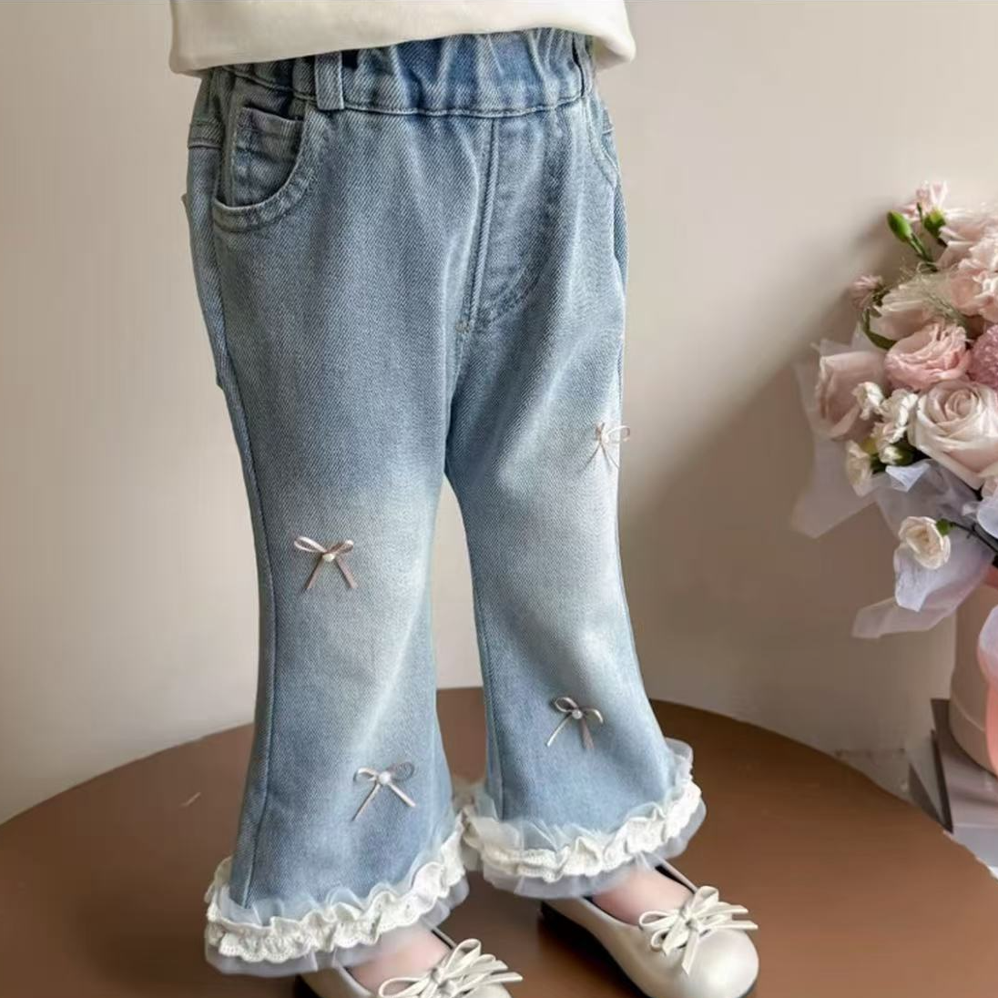 女童春秋季洋气纯色蝴蝶结蕾丝网纱花边百搭微喇牛仔裤10115