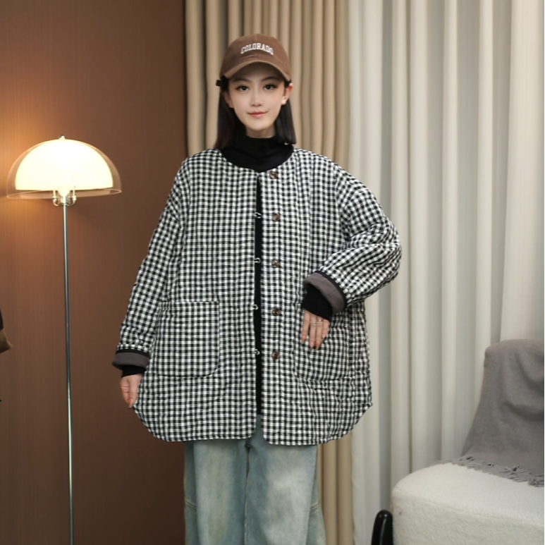 【一恬家】2025欧韩版棉麻格子棉服外套~