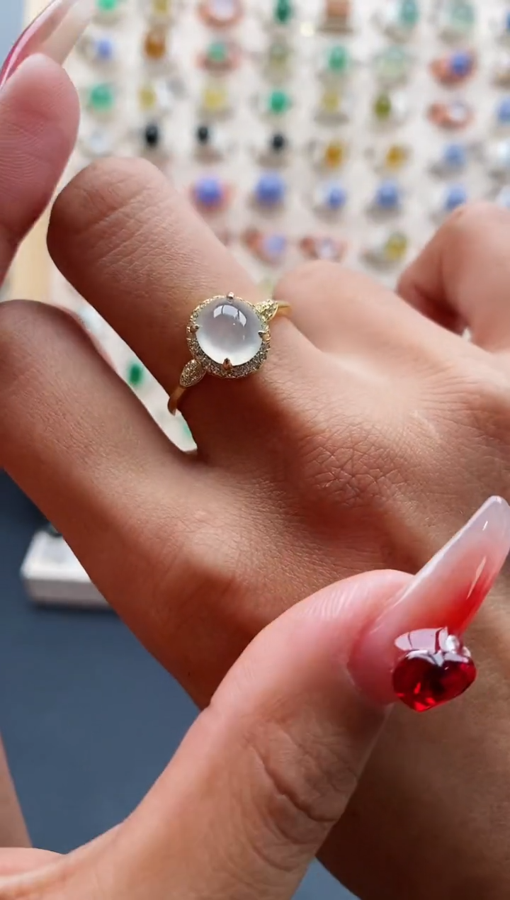 【闪购商品】翡翠戒指银S925镶嵌天然缅甸A货翡翠222 6+7