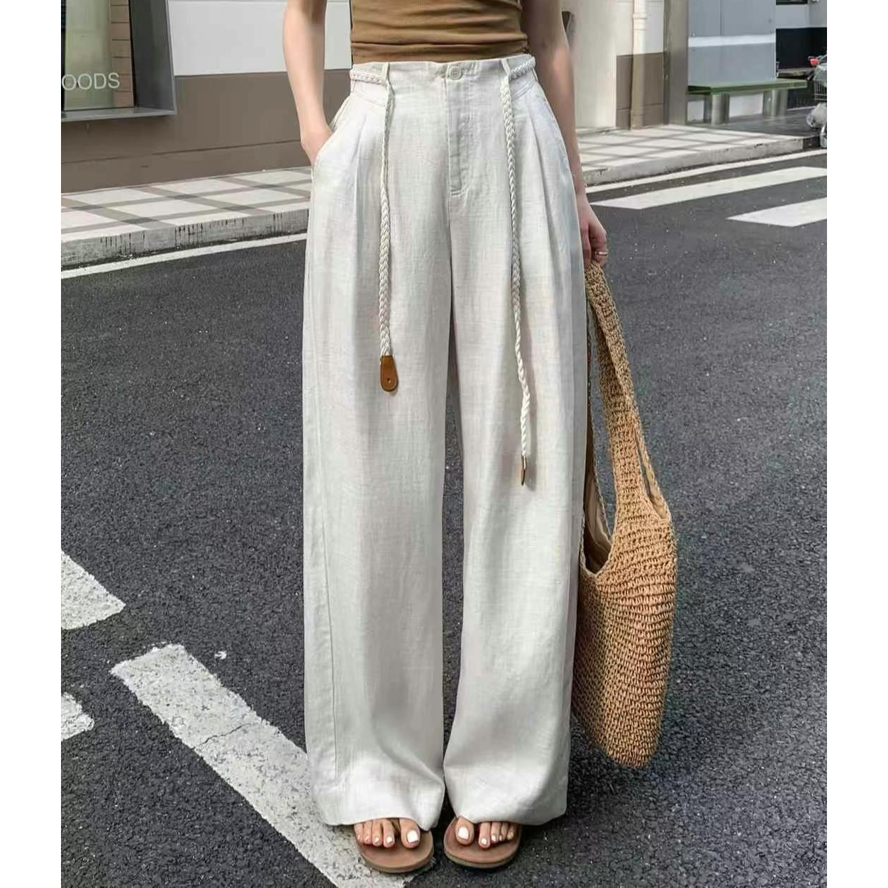 高腰麻料休闲裤6008款 时尚百搭直筒阔腿裤 1058