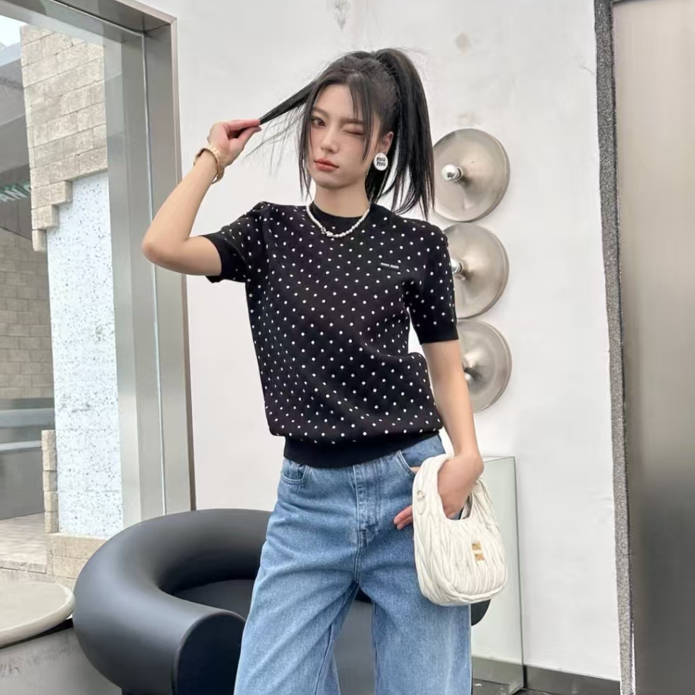 全新未使用 MIU MIU/缪缪 波点圆领短袖 黑白/36/40