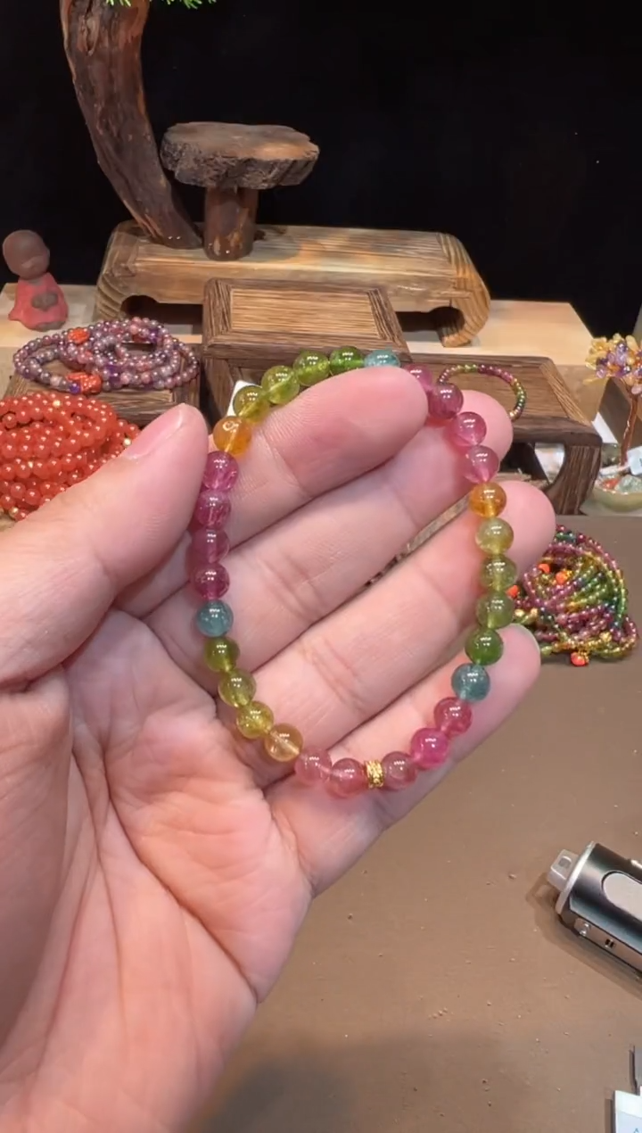 【闪购商品】碧玺手链18K金镶嵌6mm手饰@@586G