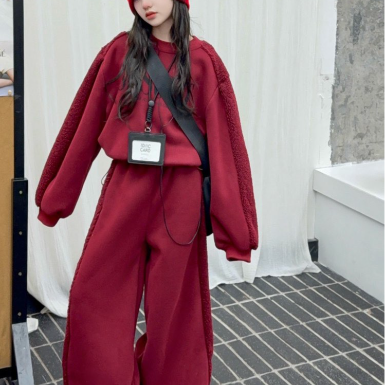 女童新年衣服加绒套装卫衣卫裤两件套女孩拜年服大童宽松两件套