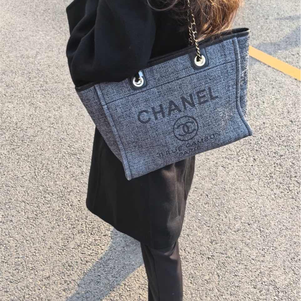 99新 Chanel/香奈儿 小花6珊 香奈儿 沙滩包 34cm 蓝灰色 27开