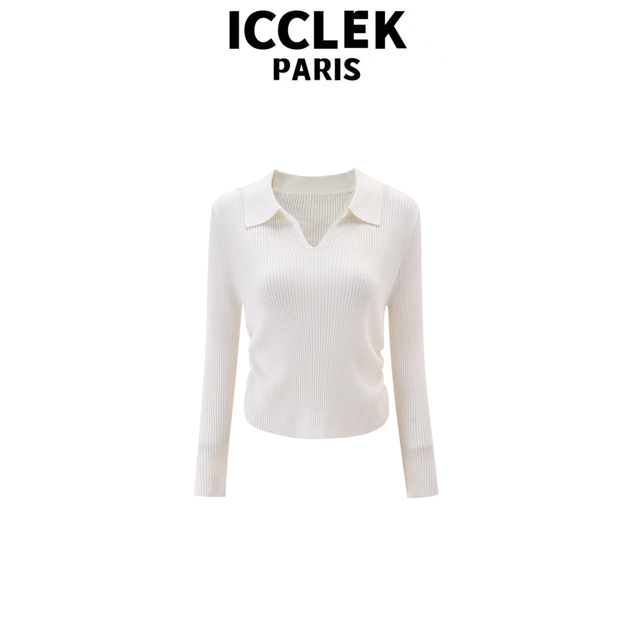 ICCLEK 白色V领长袖针织衫气质轻奢名媛秋冬百搭简约上衣  - 9006