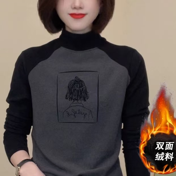 2025新款拼色德绒长袖卫衣女士洋气加厚保暖半高领小衫-6952
