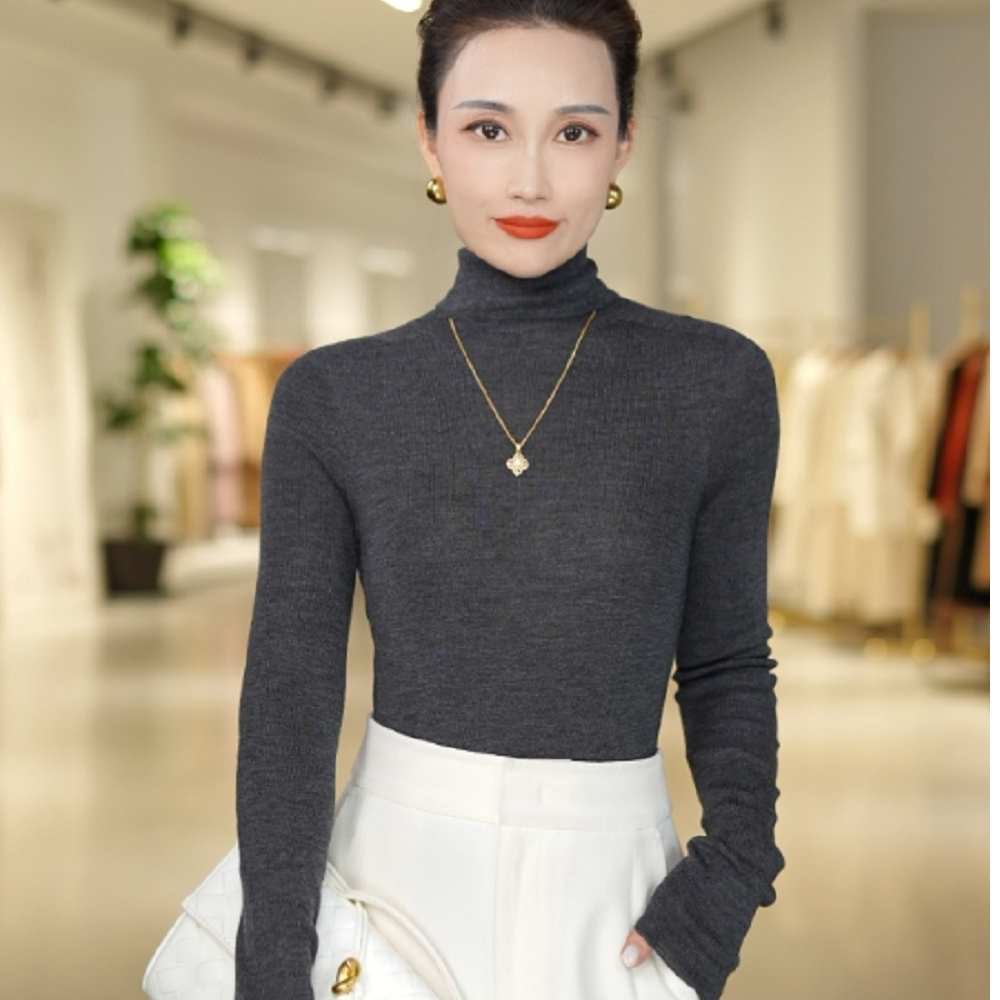 SS100%羊毛一线成衣无缝半高领修身打底衫女套头长袖毛衣百搭