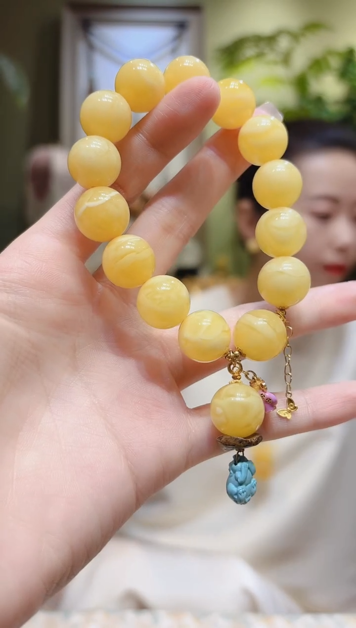 【闪购商品】蜜蜡裸石18K金镶嵌单珠提溜蜜蜡手串