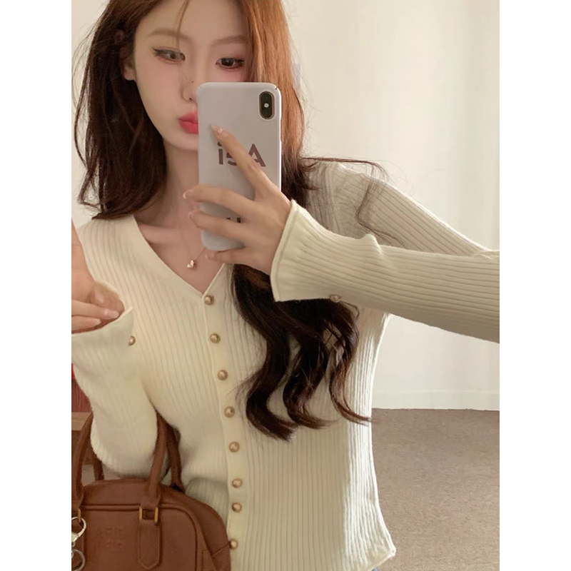 【米白色】开衫外套3845超柔软新款高品质V领上衣