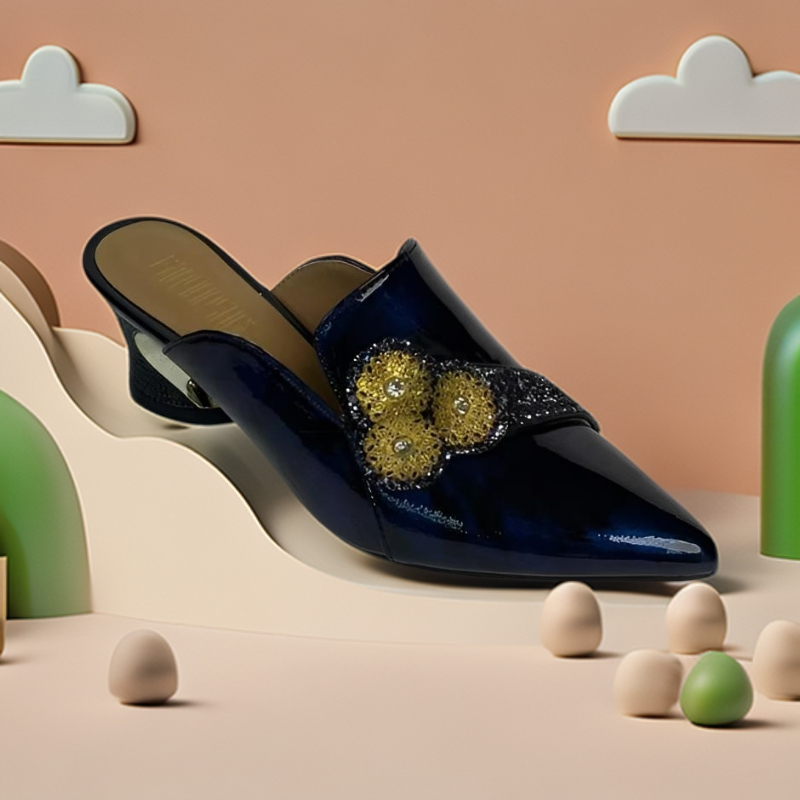 X小碎花包头拼色高跟粗跟法式拖时尚漆皮半拖黑色中跟舒适T130