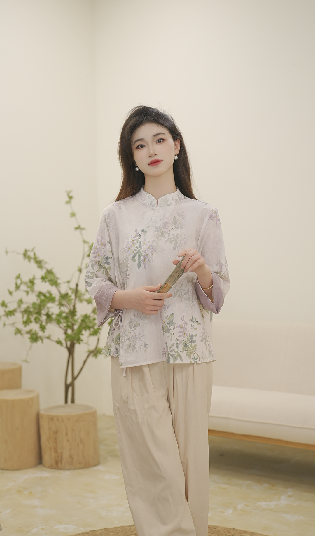 复古立领衬衫女夏季斜襟上衣宽松百搭禅意茶服