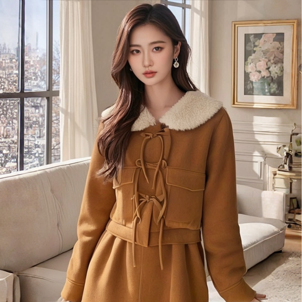 复古休闲毛领外套上衣加厚显瘦半身裙套装气质小个子时尚冬季秋冬
