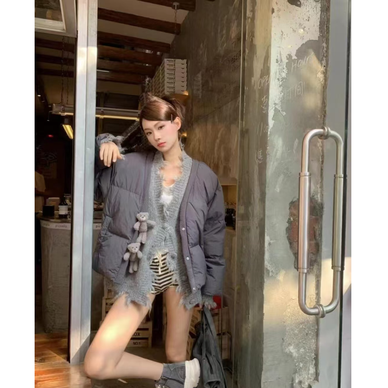 FOG （098）假两件拼接玩偶保暖羽绒服 5N201YR919