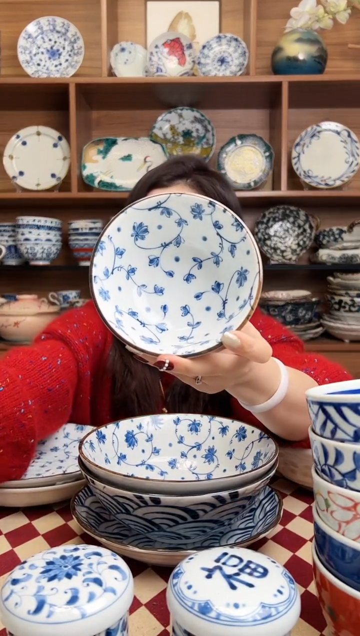 【闪购商品】瓷片有古窑蔓唐草12cm高脚饭碗  