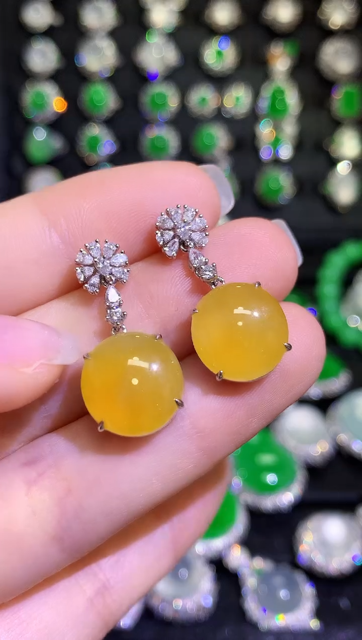 【闪购商品】翡翠耳饰18K金镶嵌高冰黄翡蛋面耳坠