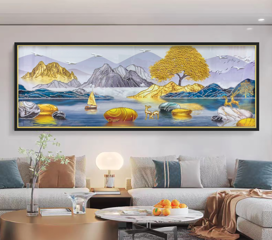 v07富水金山客厅现代简约鎏金沙发背景墙三联画手工新中式玻璃画