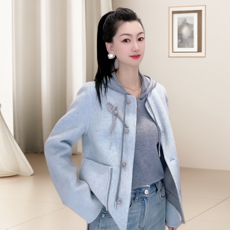 女士秋冬短款落肩袖双面时尚大衣气质休闲风蓝色上衣短外套女装